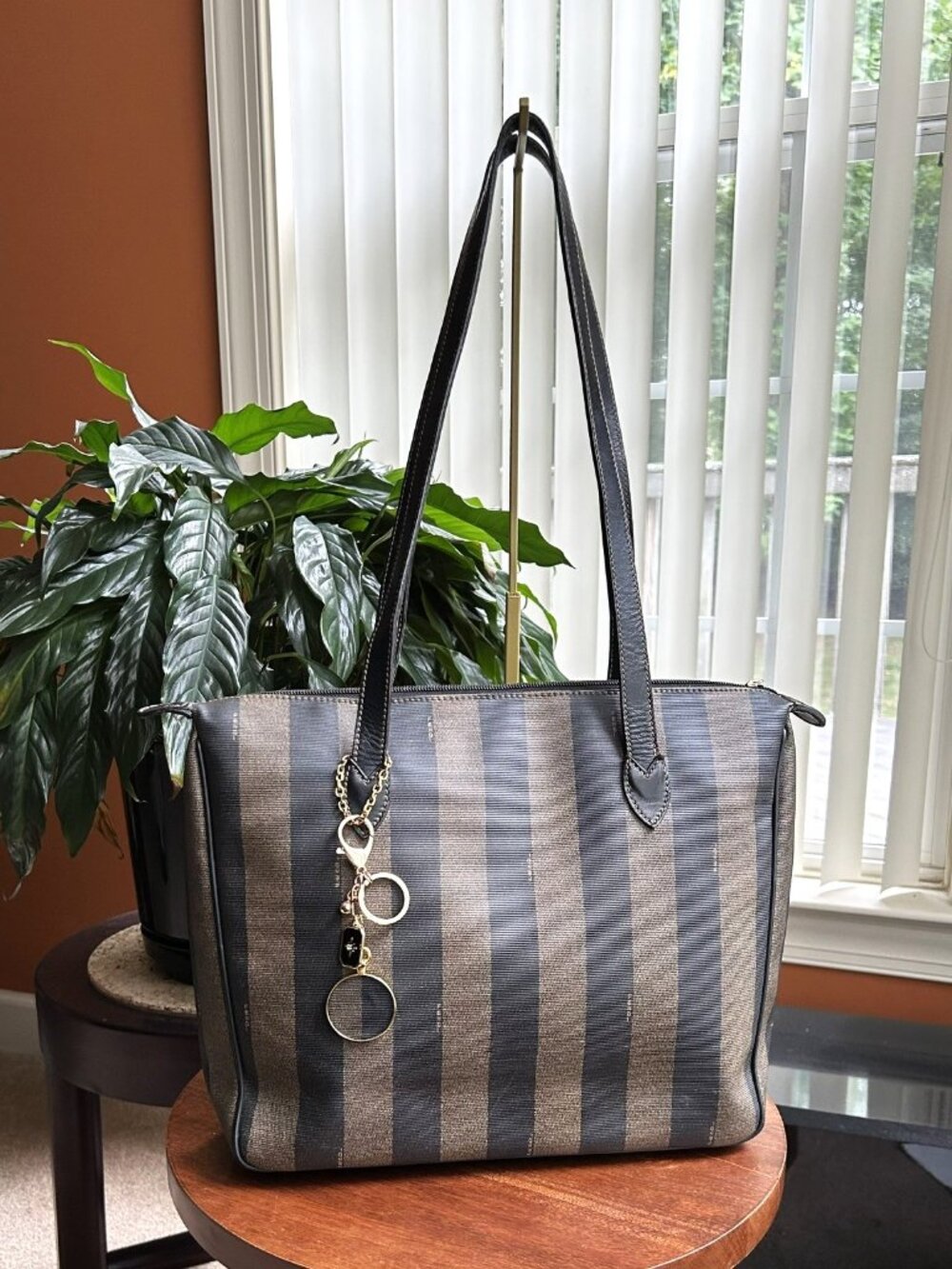 FENDI Pequin Stripe Canvas Tote Bag, Tobacco, Black